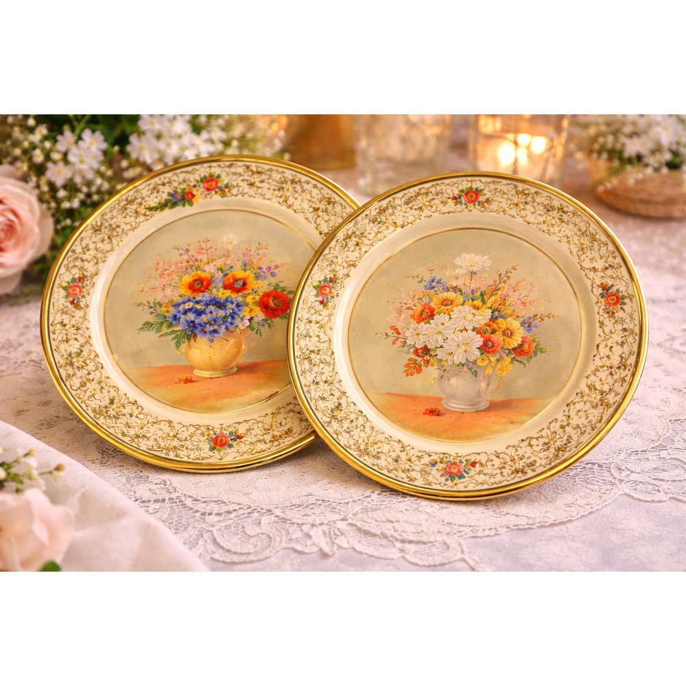 Daher Decorated Ware Tin Plates 8 Inch Gold Floral Vintage Holland Set of 2